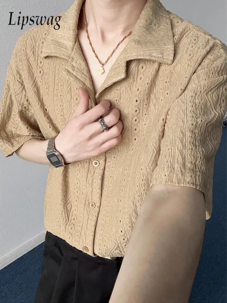 Trendy Mens Solid Color Hollow Out Shirts 2026 Summer Stylish Turn-down Collar Short Sleeve Shirt Tops Men Casual Textured Shirt 260623