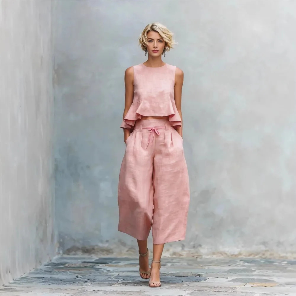 Linen Vest Top Ruffled Navel-baring Top 9 Point Pants Set Womens Fashion Pockets Slimming Loose Wide-leg Pants 2piece Set 260617