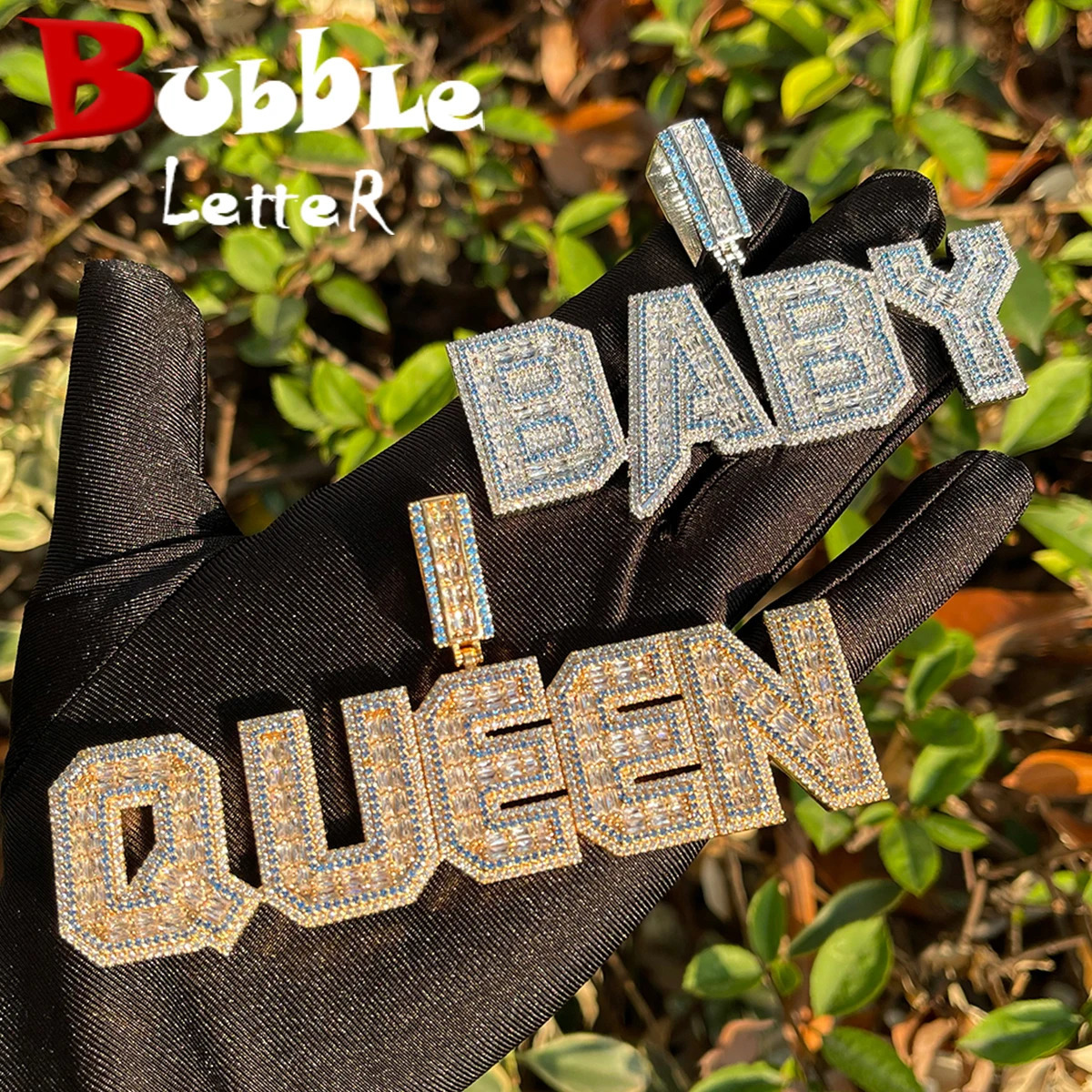 Bubble Letter Iced Out Personalized Pendant Baguette Custom Name Necklace for Women Blue Stones Hip Hop Jewelry260624