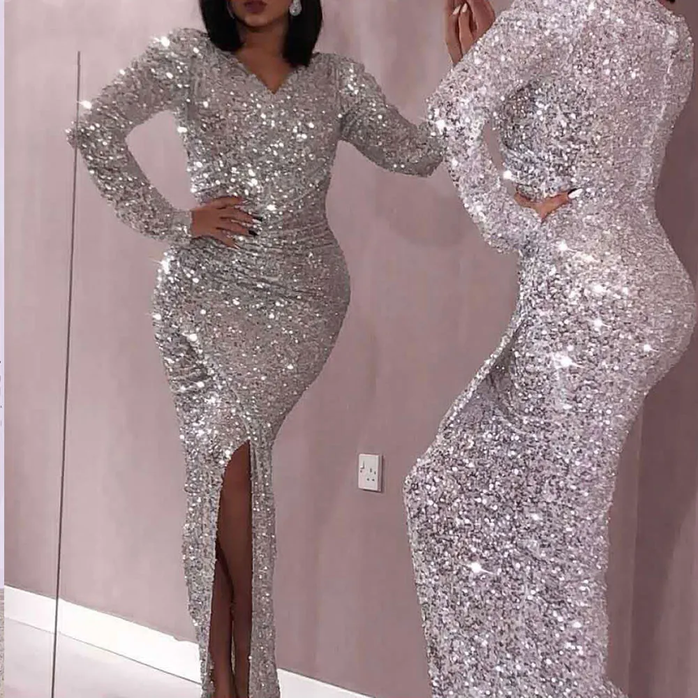 Sexy Sparkling Sequin Mermaid Prom Pageant Dress V Neck Long Sleeves African Evening Birthday Formal Party Gowns Robe De Soriee