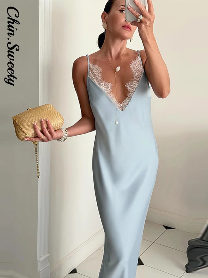 Elegant Lace Patchwork Womens Dress V-Neck Slip Top Sleeveless Lady Long Dresses 2026 Spring Summer Female Vacation Robe 260623