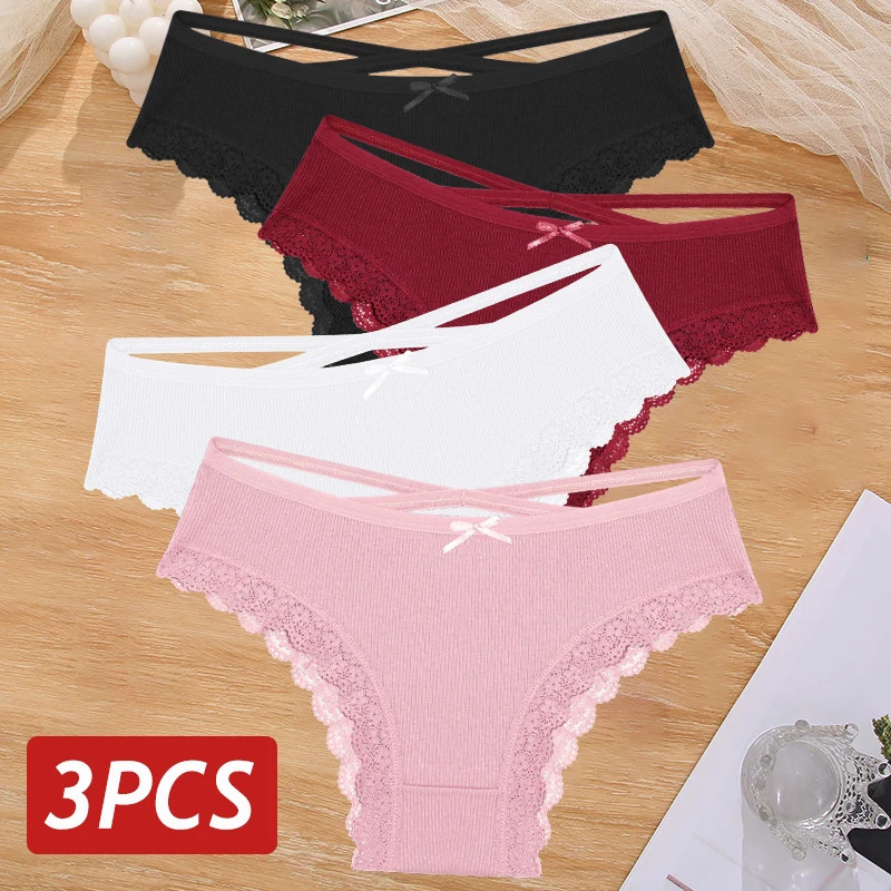 3PCS/Set Women Cotton Panties Sexy Low Rise Lace Brazilian Panties Hollow Out Soft Breathable Lingerie Female Bow Underwear S-XL 260622