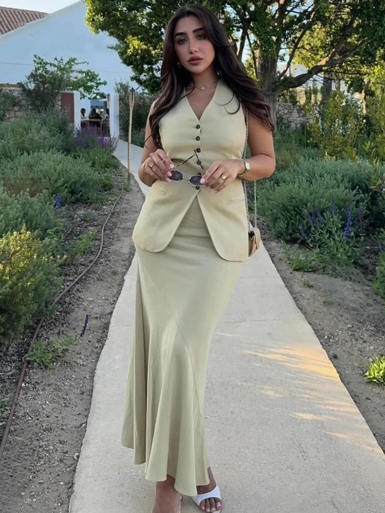 Summer Elegant Vest Long Skirt Womens Sets Sleeveless Vneck Tank Top High Waist Skirts Women Suit Office Lady Suits 260623