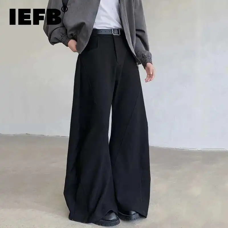 IEFB Mens Suit Pants Autum Winter Niche Deconstruction Splicing Wide Leg Curved Knife Casual Trousers Black 9C6991 260624