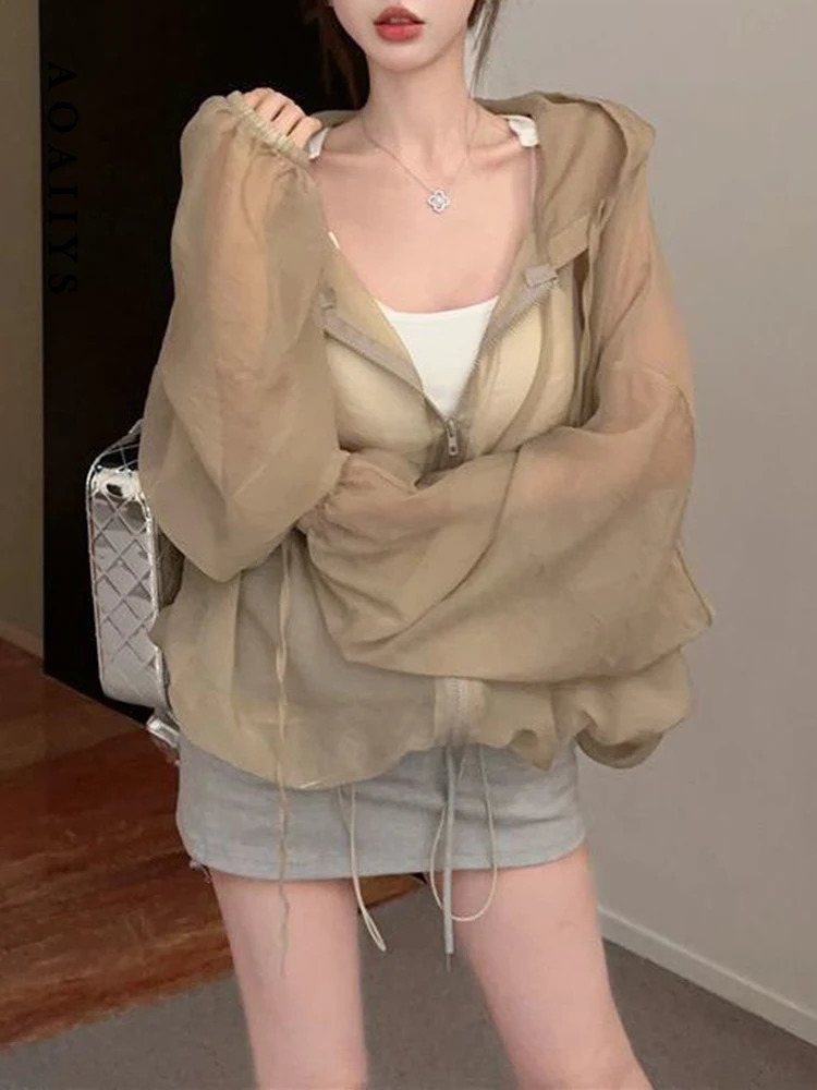 Aoaiiys Thin Coat Women Fashion Casual Sun Protection Jacket Tops See Through Hooded Coats Summer 2026 Loose Female 260624