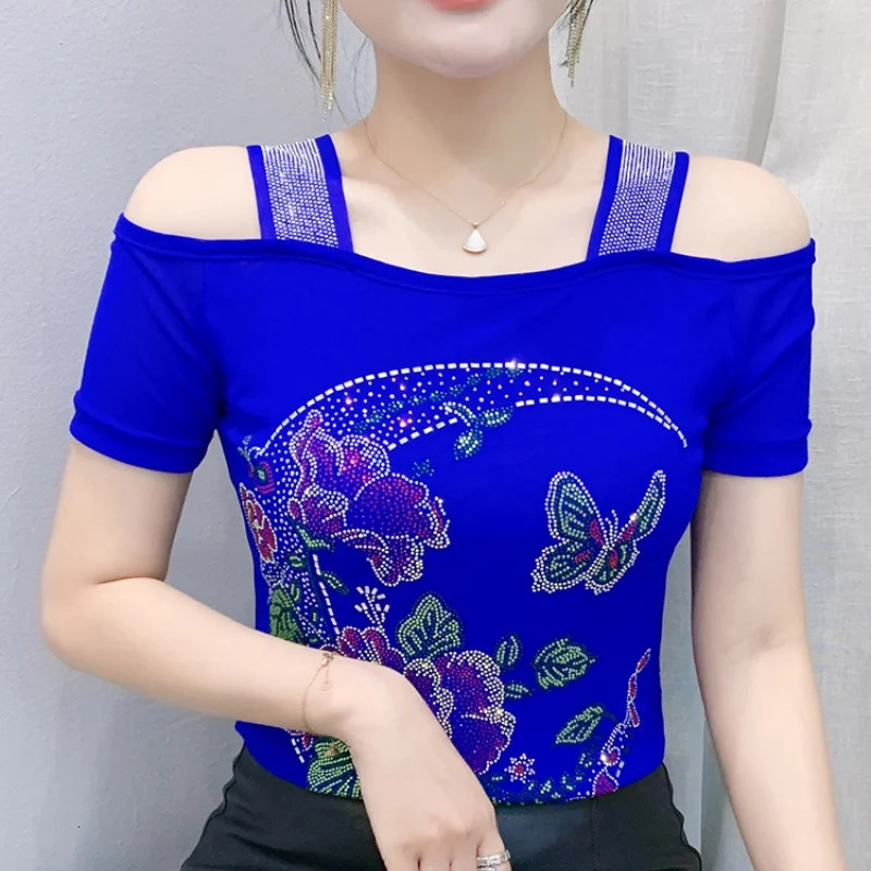 2026 Summer Womens Sexy Off Shoulder T-Shirt Fashion Flower Rhinestone Mesh Top Female Slim Chic Casual Blouse 260623