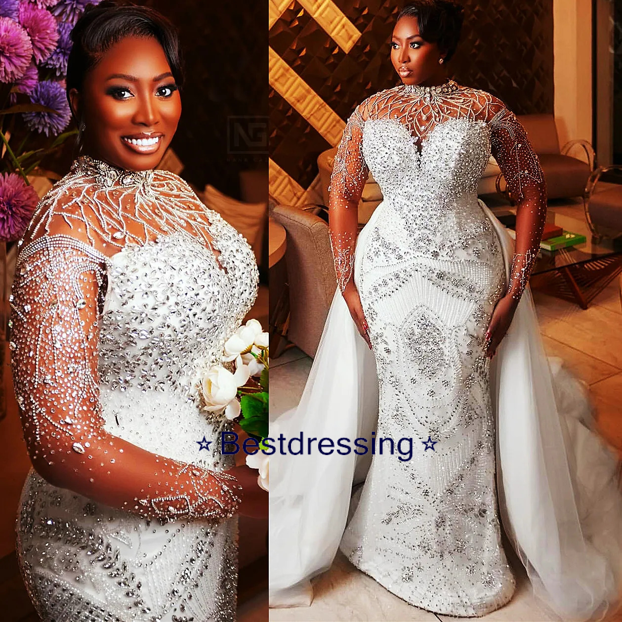 2024 Arabic Aso Ebi Plus Size Off White Mermaid Wedding Dresses Luxurious Lace Rhinestones Full Sleeves Detachable Train Vintage Bridal Gowns Dress