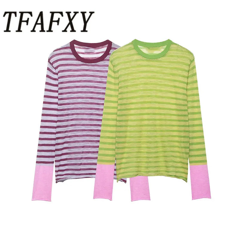 TFAFXY Casual Translucent Stripe Knitted Women Loose Top 2026 Spring Long Sleeve OCollar Female Pullovers Y2K 260623