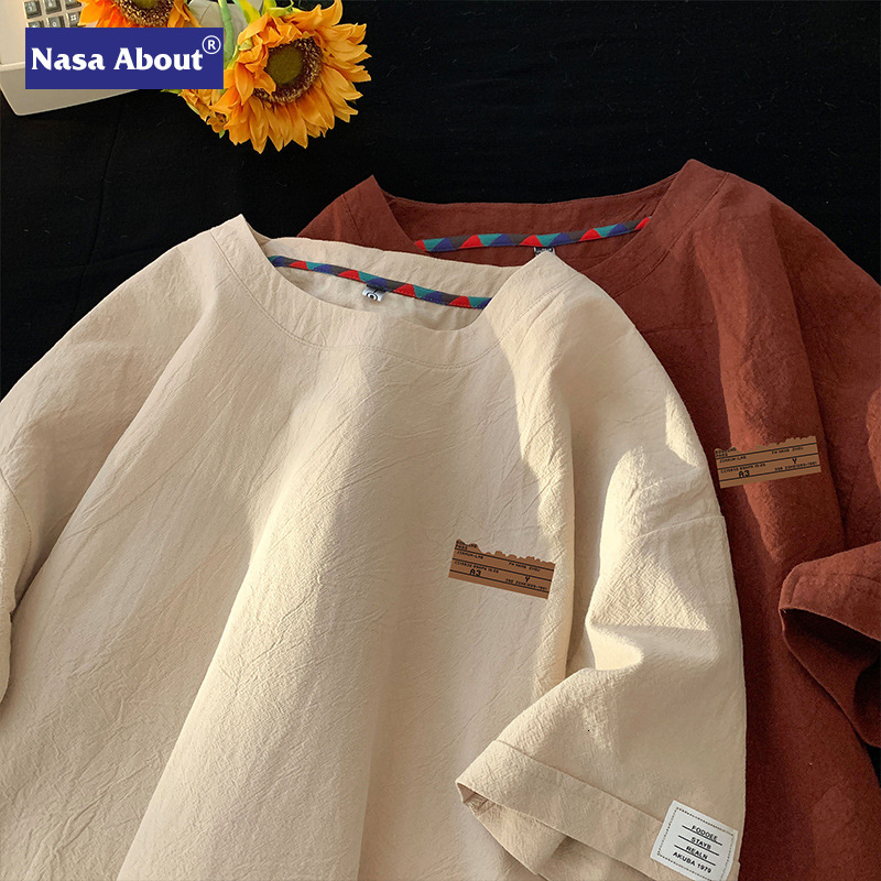 NASA cotton-linen ice silk round-neck T-shirt for men, summer 2026 new style, loose-fitting men's clothing, American-style short-sleeve top