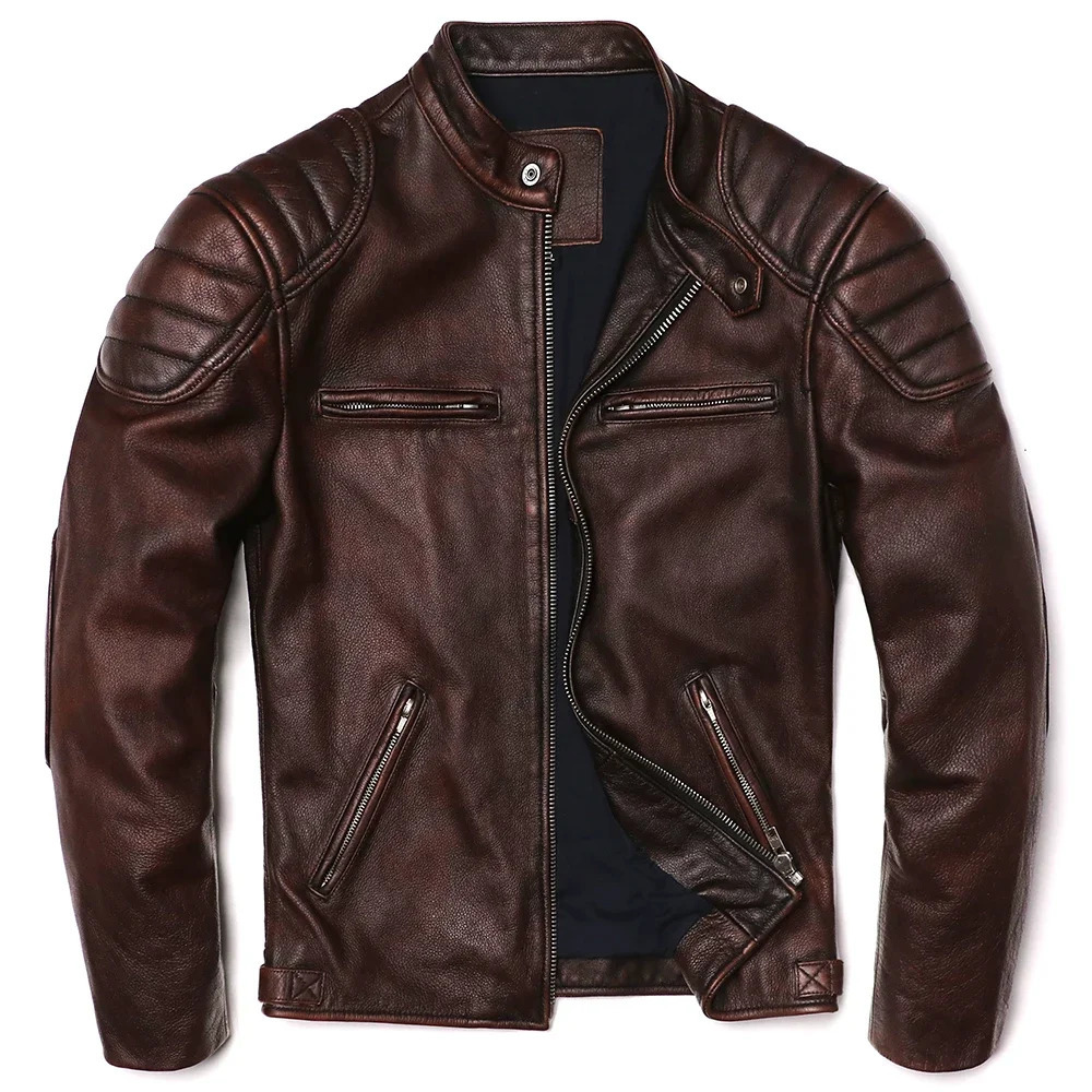 Vintage Brown Genuine Leather Jacket Natural Cowhide Men Motorcycle Biker Coat Mens Slim Calf Skin Coat 260622