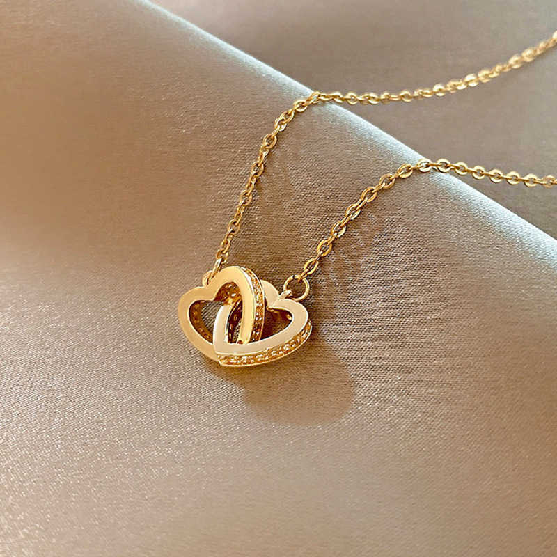 Brand Luxury Designer Jewelry Luxury Brand Designer Jewelry Heart Double Ring Steel Necklace For Women 18K Gold Light Luxury Niche Design Sense Ele