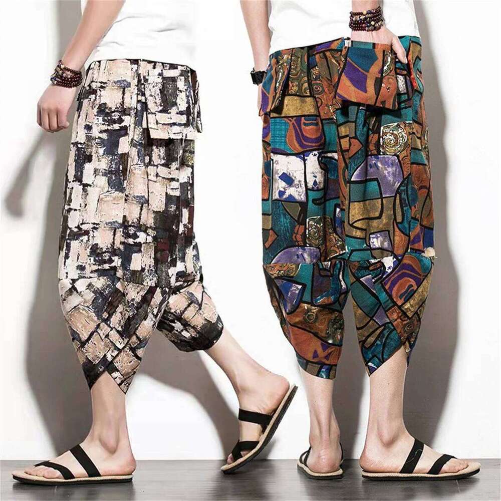 Harajuku Summer Loose Calf Length Casual Men Wide Leg Cotton Linen Printing Baggy Pants Oversize Men's Trousers W260624