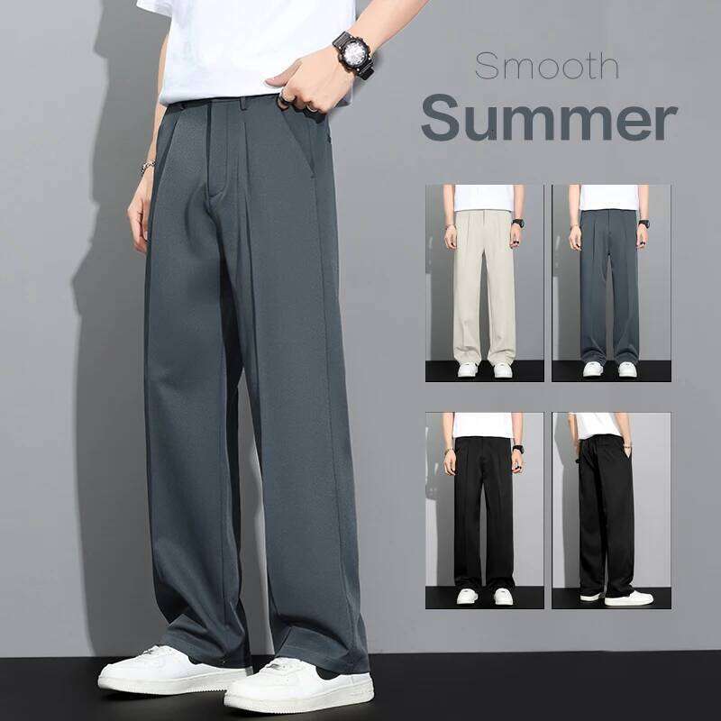 Men's 2026 Summer Korean Style Loose Straight Leg Draping Lightweight Casual Pants Slacks Khaki Dark Gray Black Trousers Male W260624