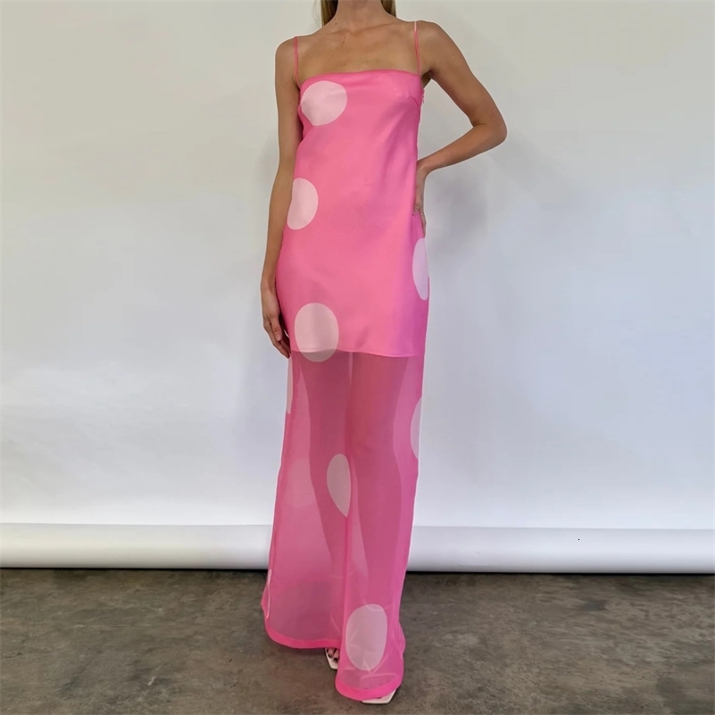 Gaono Polka Dot Print Maxi Dress for Women Mesh Spaghetti Strap Bodycon Long Dress Summer Elegant Party Evening Dresses 260623