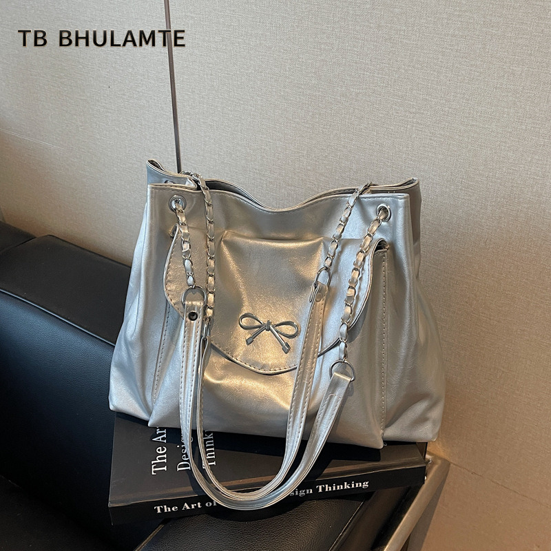 TB BHULAMTE Solid Color Casual Women's Large Capacity 2025 New Textured Chain Bow Simple Elegant Crossbody Tote Shoulder Bag