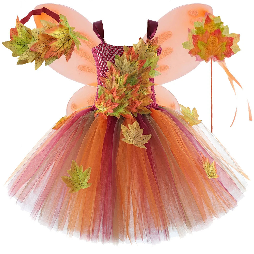 Autumn Maple Leaves Fairy Costumes for Girls Forest Woodland Elf Princess Dresses with Wings Children Halloween Christmas Outfit260624