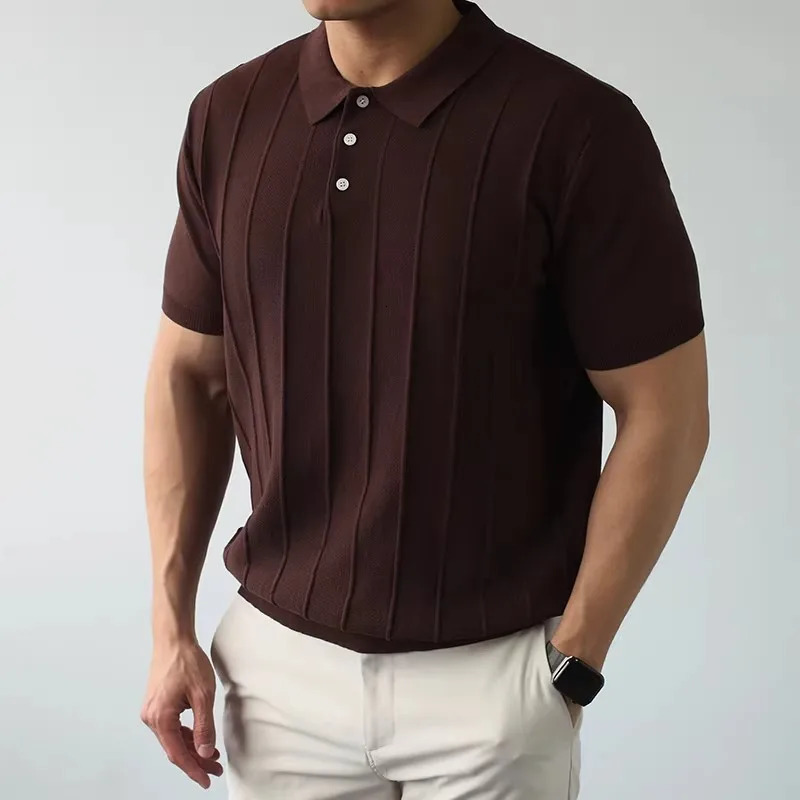 American Retro Solid Color Knitted Short Sleeved Mens Summer Style Business Casual Lapel T-shirt Polo Shirt Top Trend 260623