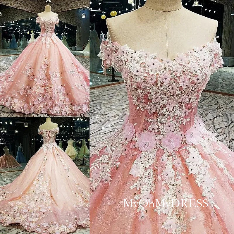 Luxury Pink Ball Gown Flower Prom Dresses Off The Shoulder Lace Appliqued Beads Dress Evening Wear Plus Size Abendkleider Formal Party Gowns Youmaig