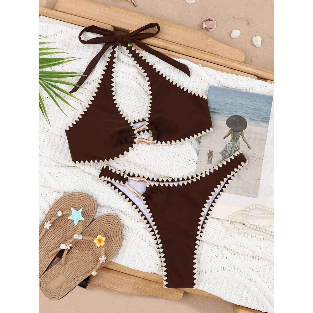 sexy patchwork metal ring bikinis sets two pieces halter tie thong swimsuits bathing suit swimwear biquini tankini trikini W260624