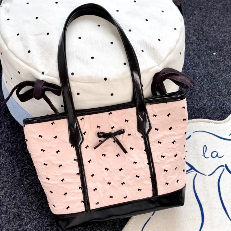 Polka Dot Bow Tote Bag Pink Color-blocked Shoulder Bag Stylish Simple Handbag Korean Y2k Style Sweet Girl Commuting Underarm Bag 260624