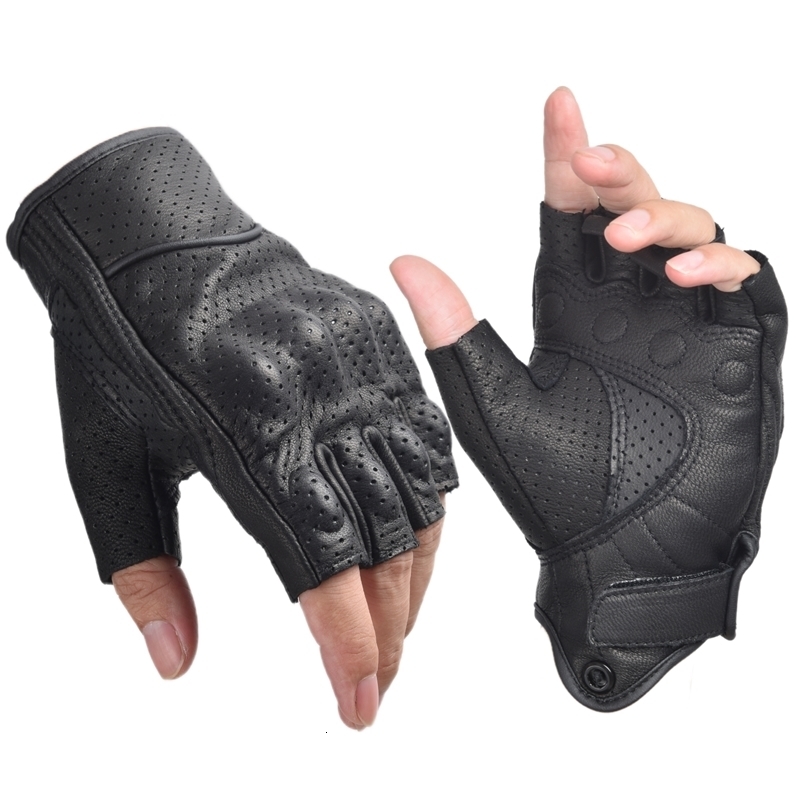 Motorcycle Gloves Perforated Genuine Leather Motor Riding Gloves Half Finger for Men Women Fingerless Summer Gloves Black 260615