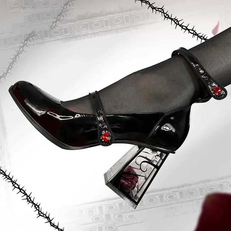 Punk Gothic Tacchi alti Décolleté Donna Scarpe in vernice con tacco rosa Scarpe da donna Cinturini alla caviglia Scarpe Mary Jane nere 260623