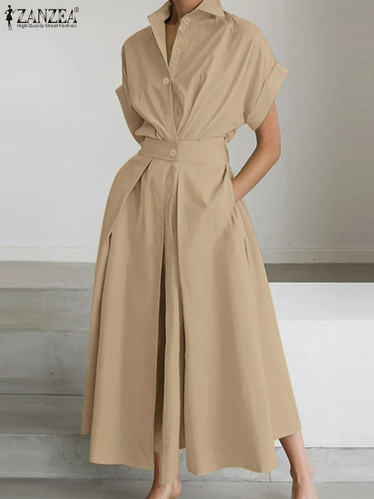 Women Summer OL Work Dress ZANZEA Elegant Short Sleeve Office Sundress Casual Solid A Line Buttons Holiday Vestidos Kaftan Robe 260624