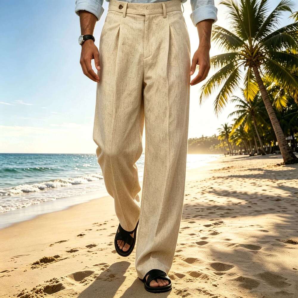 Summer Men's Linen Wide Pants High Waist Casual Loose Fit Straight Leg Suit Trousers Holiday Beach Daily Office Wear W260624