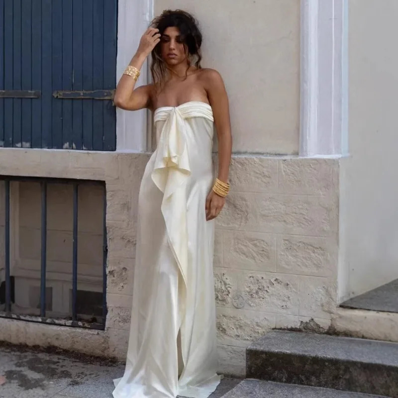 Versatile Elegant Solid Satin Strapless Flowy Maxi Dress Draped Slit Front Tie Ruched Waist Dresses Evening Party Wedding 260623