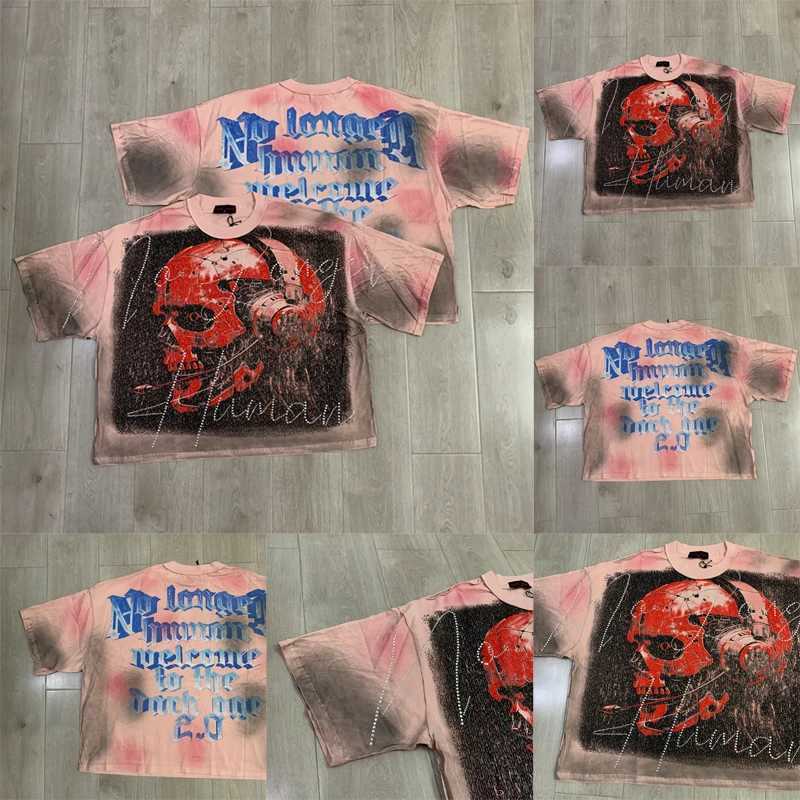 2026 American Retro Washed Beaded Letter Print RARE PEE Top Pink Distressed Mens Womens T-Shirt T260622