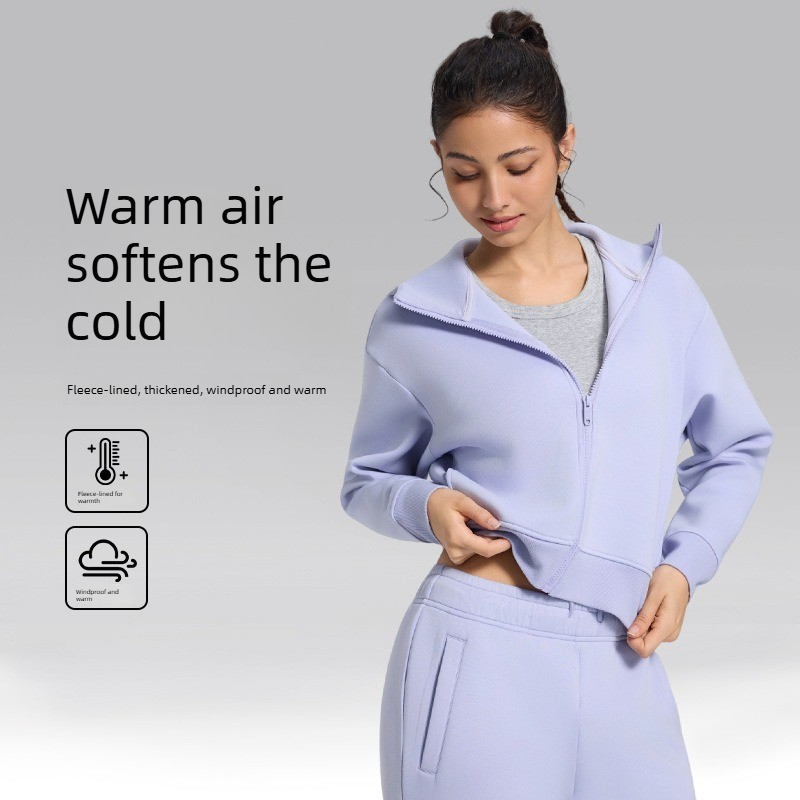 womens fleece lined thickened sports jacket for autumn winter loose cropped outdoor running coat casual fitness yoga top