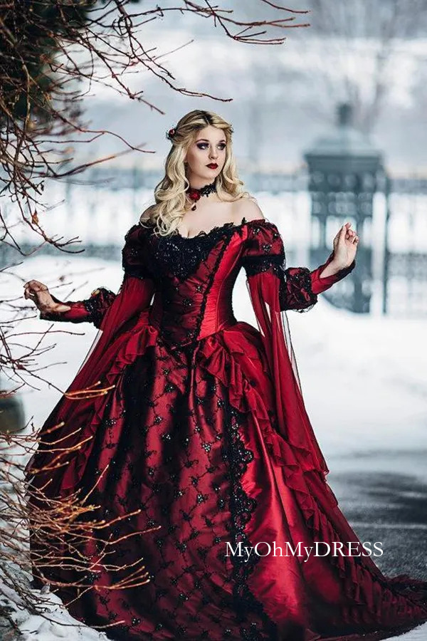 2026 Winter Gothic Sleeping Beauty Princess Wedding Dress Medieval Red And Black Bridal Ball Gown Long Sleeves Lace Appliques Vintage Victorian Brid
