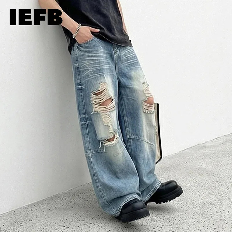 IEFB Edgy Mens Ripped Distressed Jeans Washed Blue Wide Leg Baggy Fit Streetwear Casual Premium Denim Pants 9X2977 260618