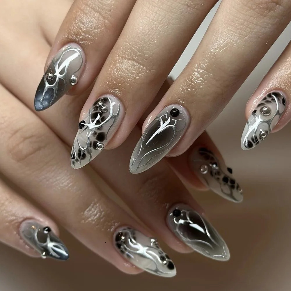 24pcs Y2K Goth Spike Starry Nail Tips Silver Bow Rhinestone Press on Nails Metal Line Fake Nails Almond False Nails for Girls 260622