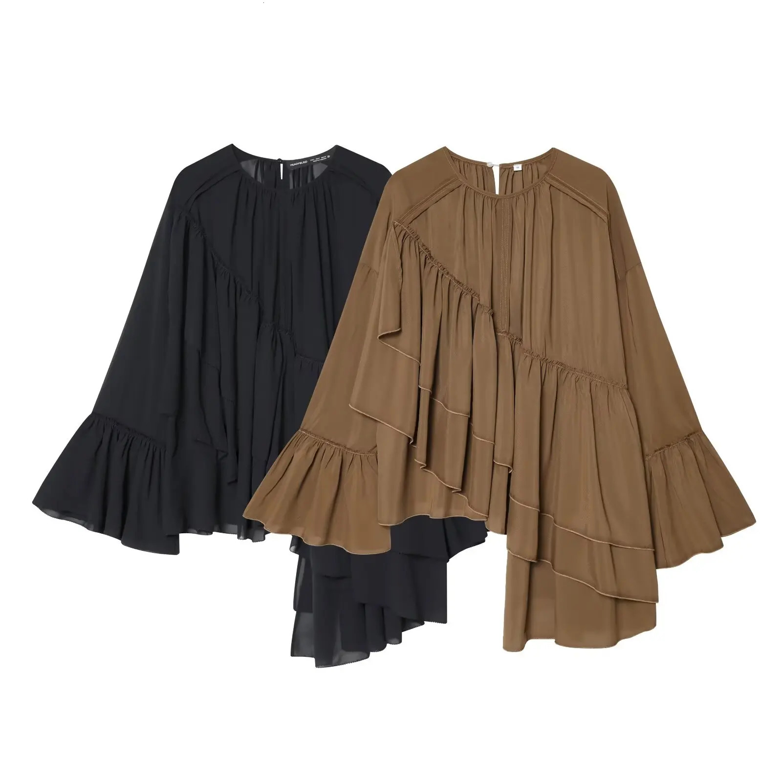 2026 Spring Autumn Womens Vintage Loose Oversized Ruffles Tierred Shirts Lady Elegant Black Brown Oneck Street Layered Blouses 260623