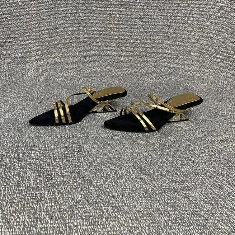 French-style Thin Strap Studded Pointed Toe Slipperswedge Heelscomfortable for Parties Summer Open-toe Sandals for Women 5cm 260624