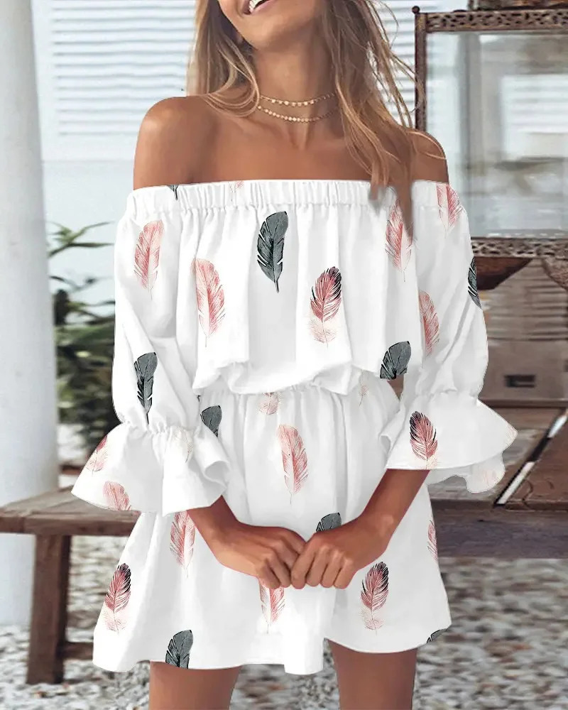 Feather Print Off The Shoulder Ruffle Dress Casual Flare Sleeve Elastic Waist A Line Short For Women Vacation Beach Party 260623