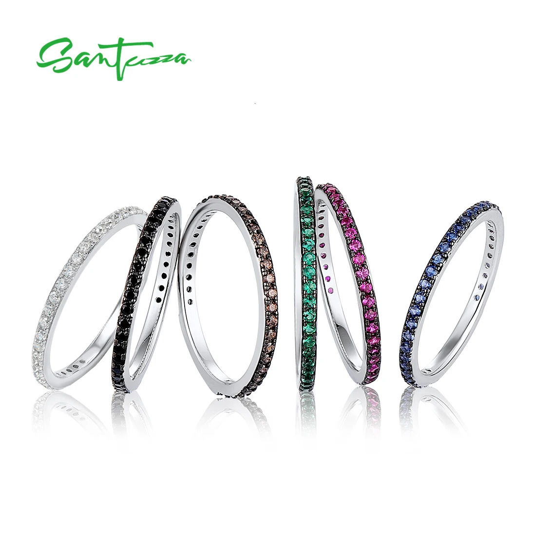 SANTUZZA 925 Sterling Silver Rings For Women Fashion Multi Gemstones Pink Blue Black White CZ Finger Stackable Ring Fine Jewelry 260624