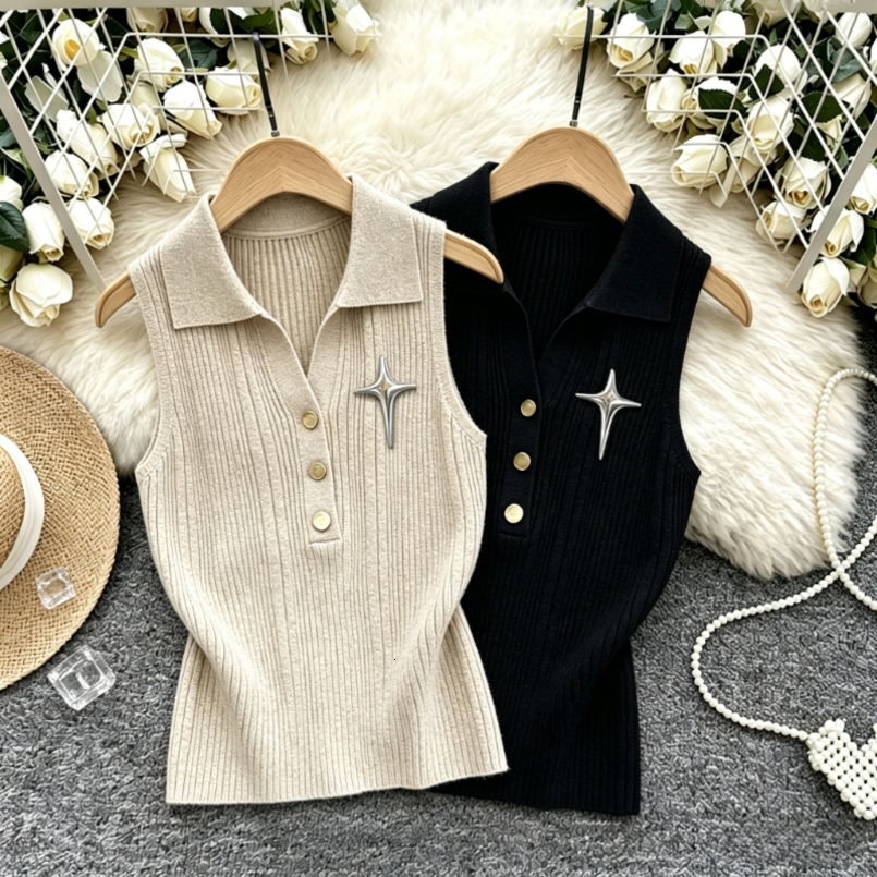 2026 Spring Summer Women Polo Collar Sleeveless Knitted Stretchy Vest Metal Star Decoration Solid Color Crop Tops 260623