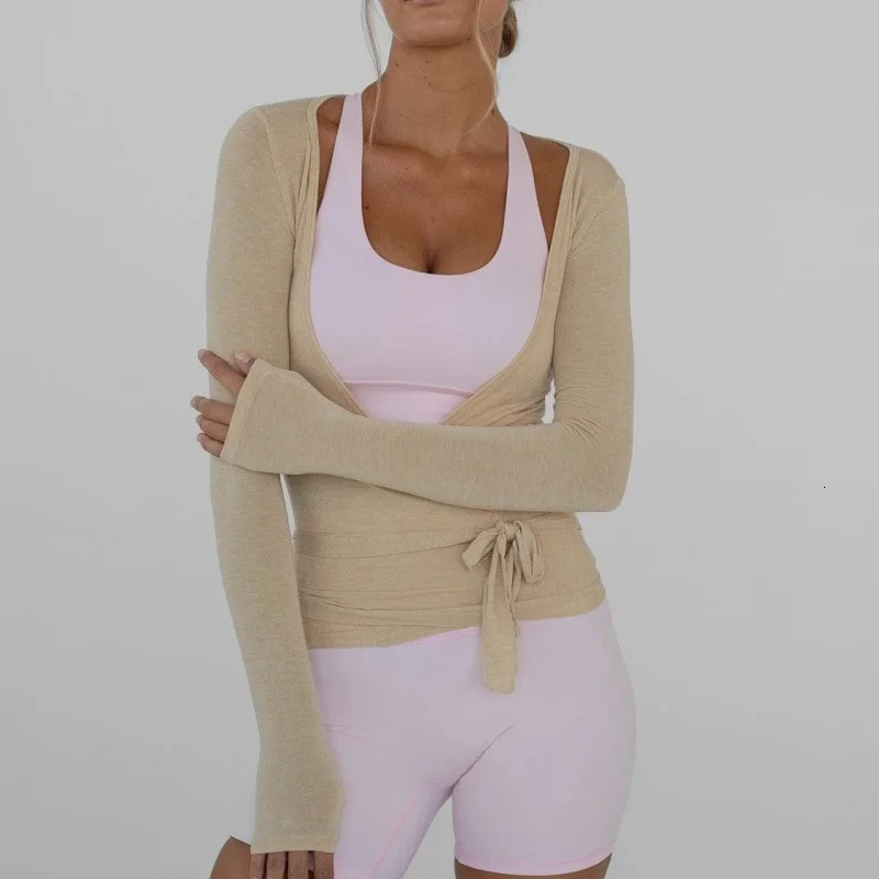 Womens Yoga Shirts Wrap Ruched Tie Front Long Sleeve Workout T Shirts Sexy Deep V Neck Slim Fit Casual Cropped Top 260623