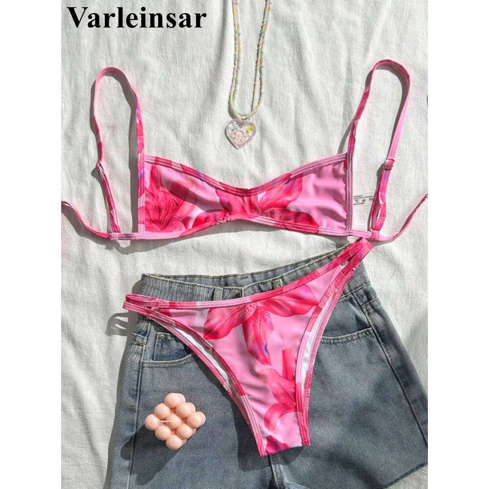 S - XL Flower Printed High Leg Cut Women Swimwear Female Swimsuit Two-pieces Bikini set Bather Bathing Suit Swim V7800 W260624