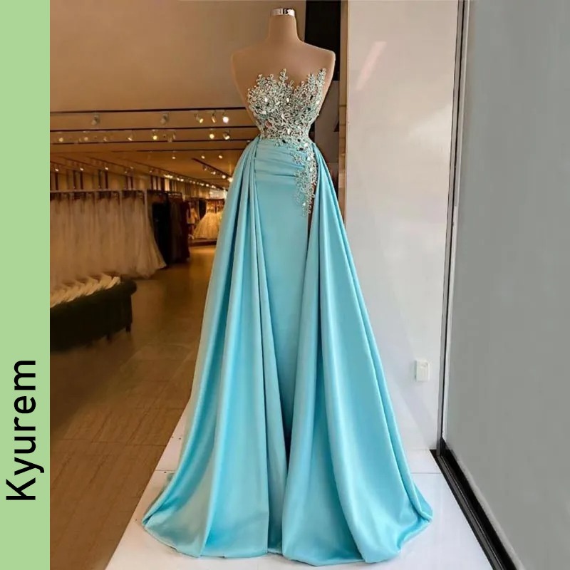 Luxury Mermaid Prom Dresses Illusion Jewel Neck Beaded Evening Dress with Detachable Train Side Split Satin Pleated Formal Gowns