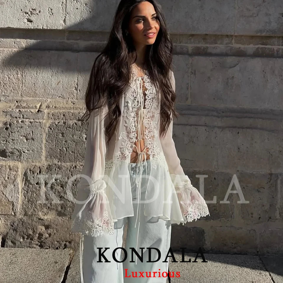 KONDALA Sexy Chiffon Transparent Women Blouses Bow Tie Patchwork Loose Ruffles Shirts Fashion 2026 Summer Beach Holiday Outwear 260623
