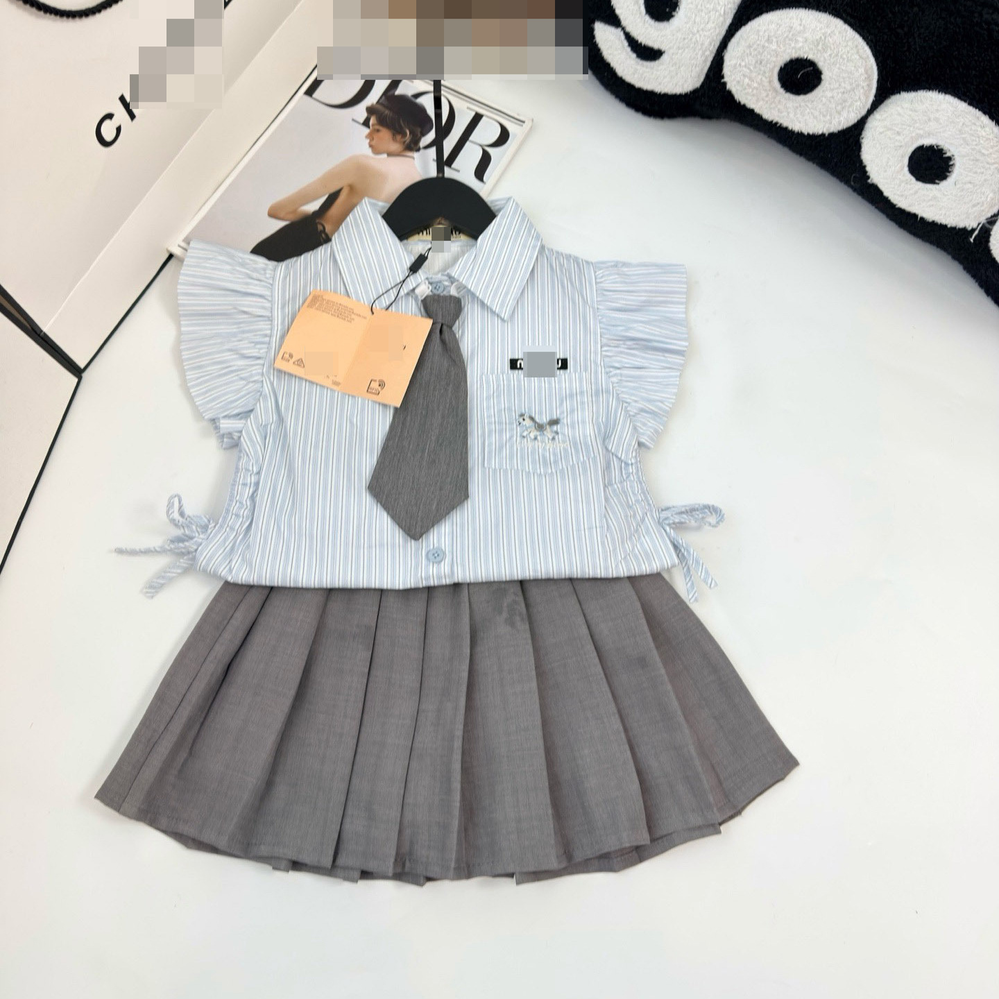 New Summer Kids Girls Two Piece Outfit Short Sleeve Top Pleated Skirt Set Sweet Korean Style Kids Daily Party Clothes
