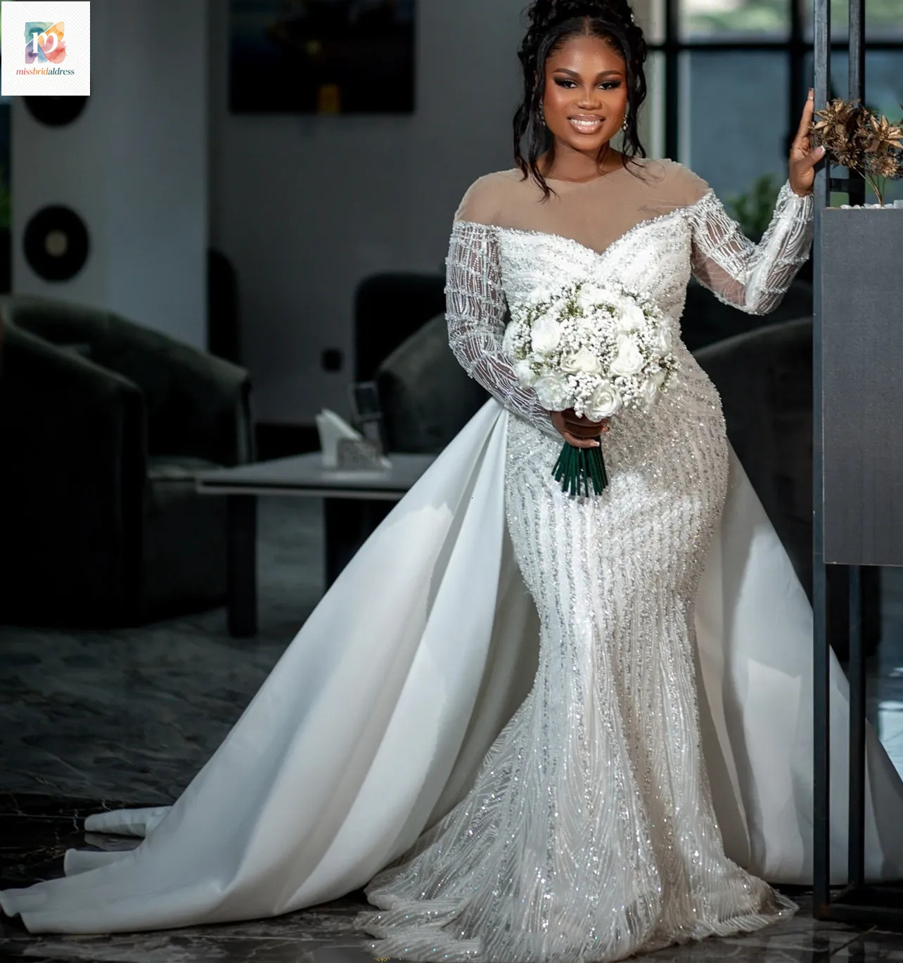 Aso Arabic Ebi Plus Size Off White Mermaid Wedding Dresses Full Sleeves Sequined Lace Detachable Train Tulle Vintage Elegant Bridal Gowns Dress ZJ M