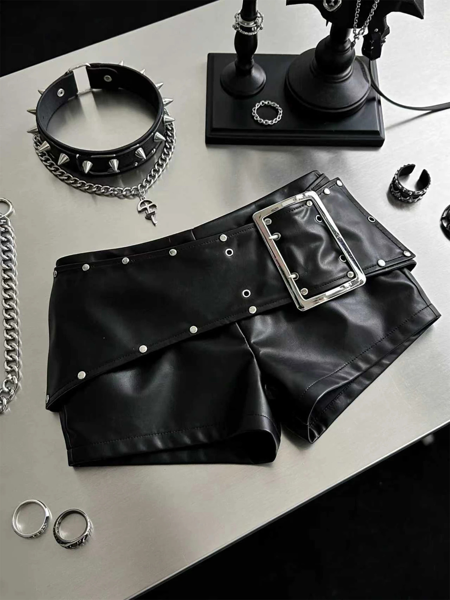 Women Black Gothic Emo Y2K Mini Shorts Sexy Wide Belt Leather Short Pants Low Waist Bodycon Micro Boot Summer 2026 260623