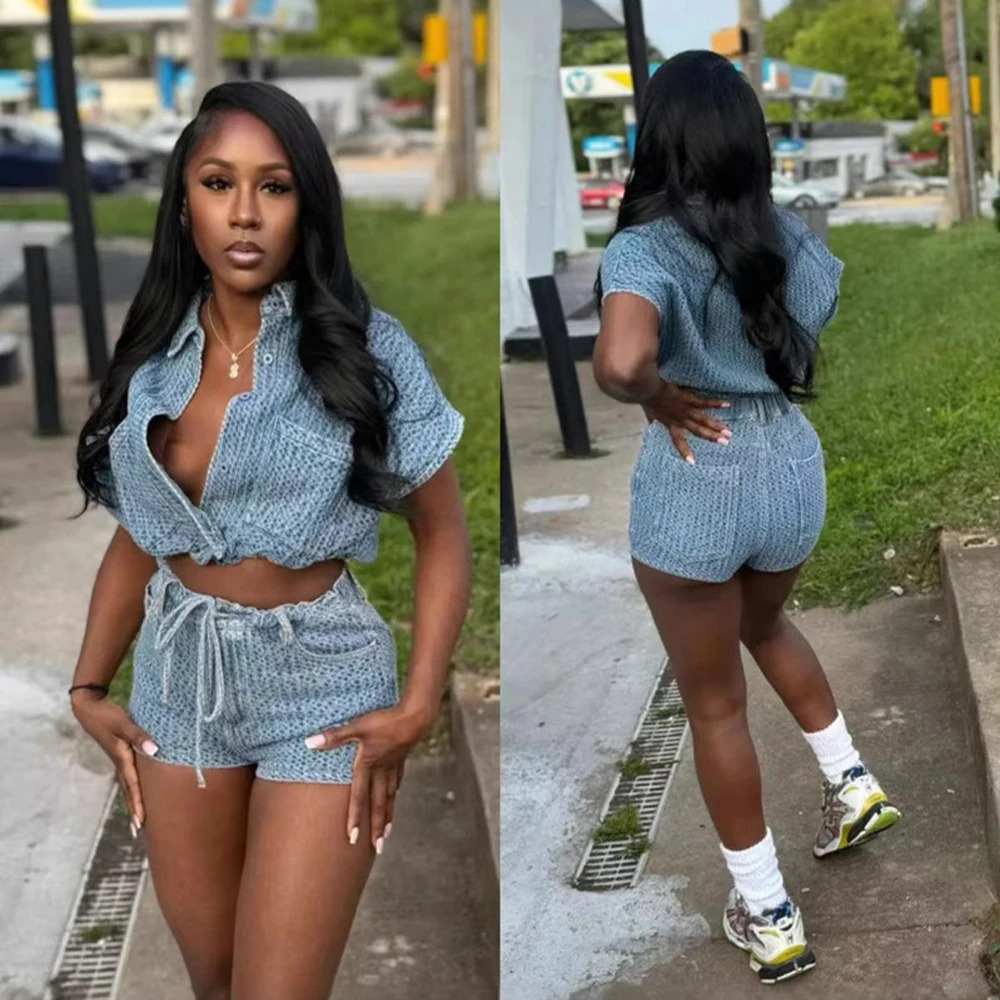 Blue Denim Fashion Women Clothing 2 Pieces Set Short Sleeve Vest TopShorts Outfits Summer Casual Streetwear Two Piece Sets 260623