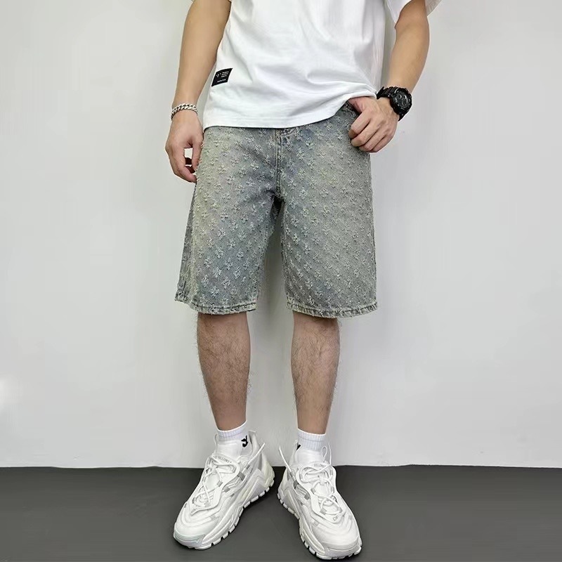 Pantaloni cargo da uomo estivi in ââdenim da uomo, pantaloni larghi dritti di media lunghezza, elastici in vita, americani, alla moda
