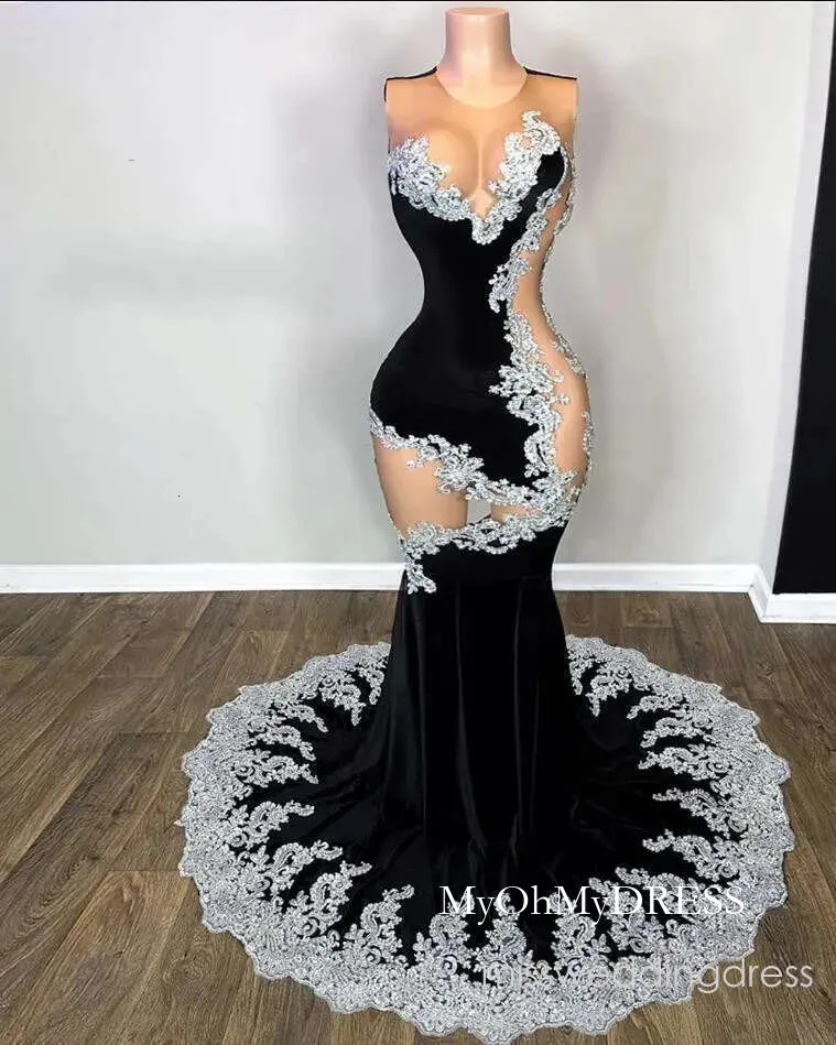Silver Lace Appliques Velvet Mermaid Prom Dresses 2026 Luxury Sexy Sheer O Neck Formal Gown Party Evening Birthday Dress Black Girl Vestidos Y624