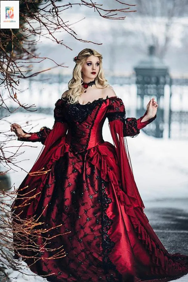 2026 Winter Gothic Sleeping Beauty Princess Wedding Dress Medieval Red And Black Bridal Ball Gown Long Sleeves Lace Appliques Vintage Victorian Brid